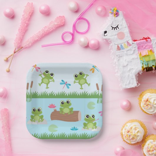 Cute Frogs in Pond Pappteller (Party)