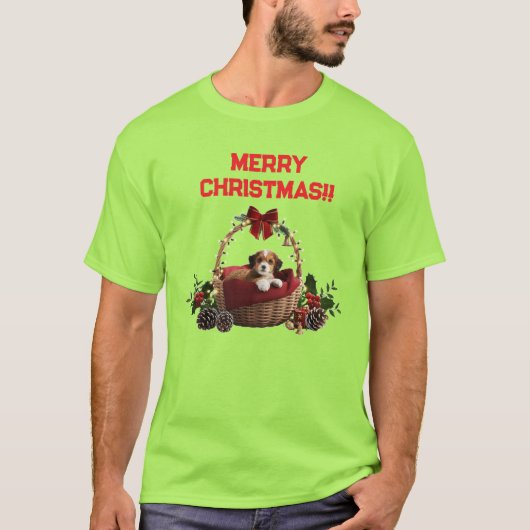 Cute Fun Merry Christmas Puppy Basket T-Shirt (Vorderseite)