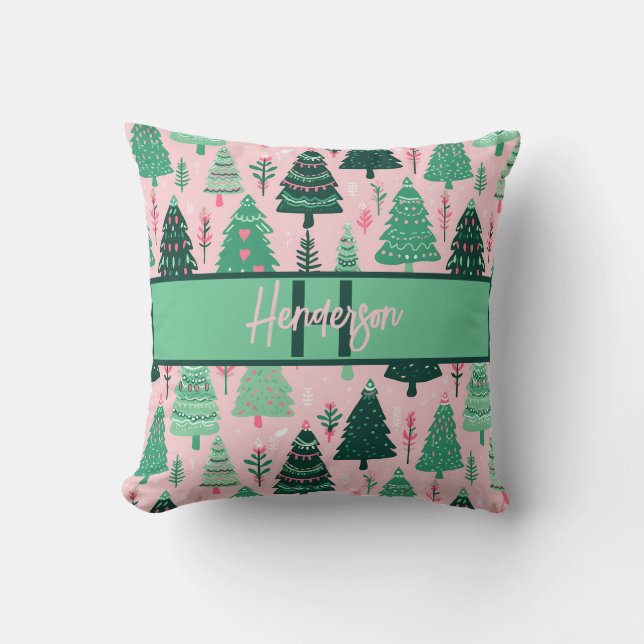 Cute Fun Pink & Green Christmas Tree Monogram Kissen (Vorderseite)
