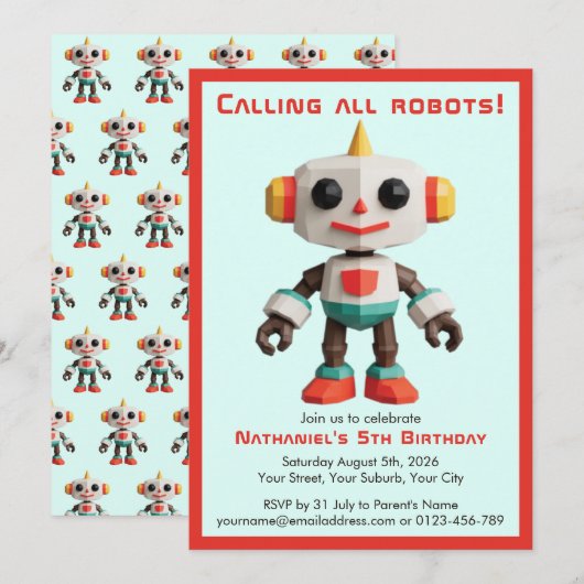 Cute Fun Robot Kid's Birthday Einladung (Vorne/Hinten)