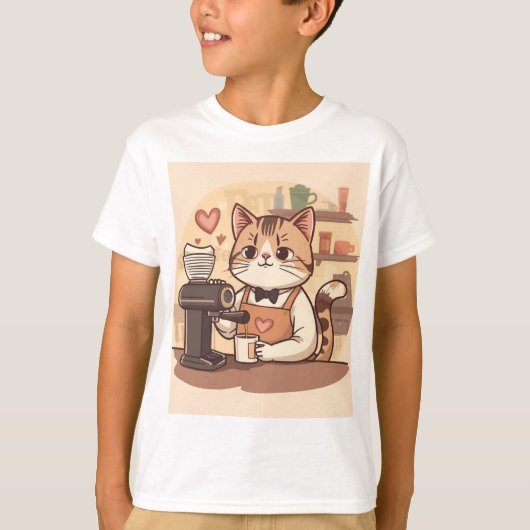 Cute Funny Cartoon Barista Cat Kid's T-shirt (Vorderseite)