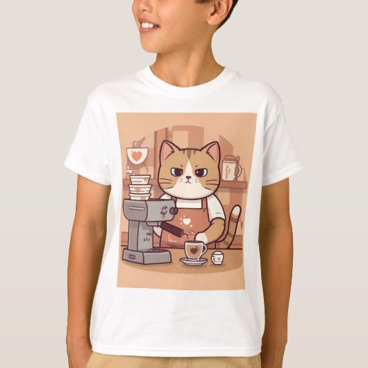 Cute Funny Cartoon Barista Cat Kid's T-shirt (Vorderseite)