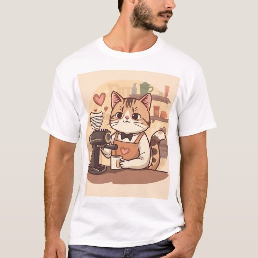 Cute Funny Cozy Barista Cat & Coffee T-shirt (Vorderseite)