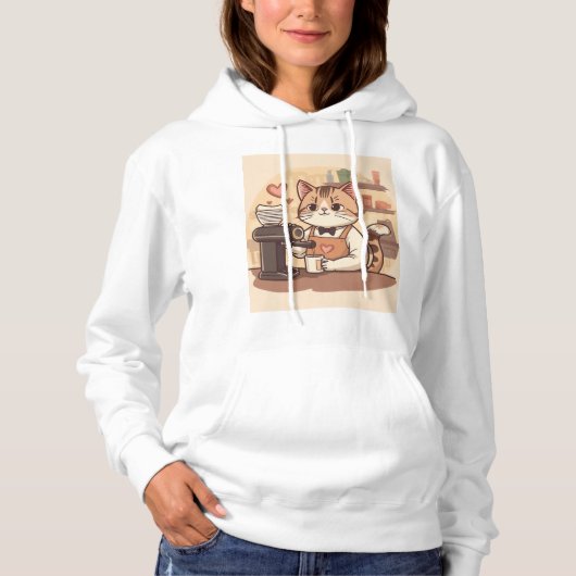 Cute Funny Cozy Barista Cat Hoodie T-shirt (Vorderseite)