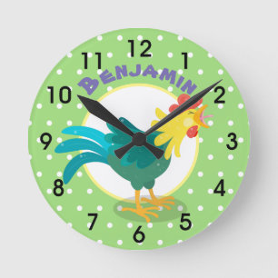 Cute funny crowing rooster cartoon illustration runde wanduhr