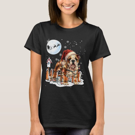 Cute Funny English Bulldog Christmas Lights Santa T-Shirt (Vorderseite)