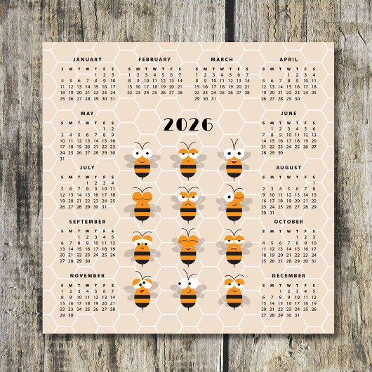 Cute Funny Honey Bee Honeycomb Calendar 2026 Magnetkarte