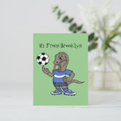 Cute funny Komodo dragon playing soccer cartoon Postkarte (Stehend Vorderseite)
