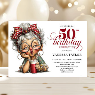 Cute Funny Lady 50th Birthday Cartoon Humor Invite Einladung