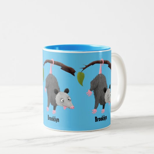 Cute funny opossum hanging from branch cartoon  zweifarbige tasse (VorderseiteRechts)