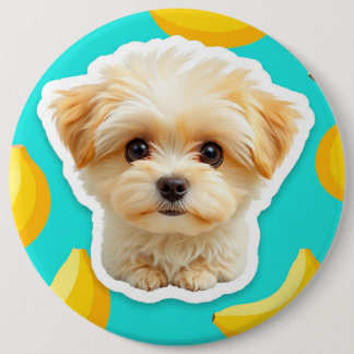 Cute funny puppy with banana pup on button