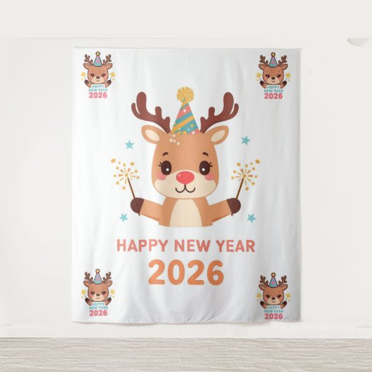 cute funny reindeer happy new year party backdrop wandteppich (Vorderseite)