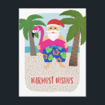 Cute Funny Tropical Santa Christmas in July  Feiertagspostkarte<br><div class="desc">This adorable holiday postcard features a hand drawn tropical Santa, wearing colorful swim trunks and a bright fuchsia flamingo pool float! Other fun details include palm trees, the ocean, and a sandy beach. Easy to customize with your own text on the back! Send smiles this Christmas season or for Christmas...</div>