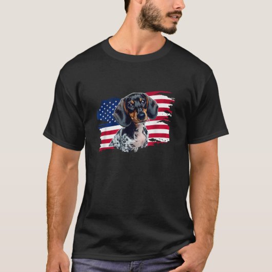 Cute Funny USA Flag 4th Patriotic Piebald Dachshun T-Shirt (Vorderseite)