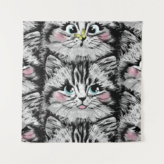 Cute furry kitten face seamless pattern. Illustrat Wandteppich (Vorderseite)