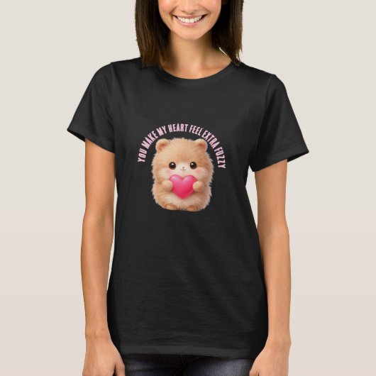 Cute Fuzzy Valentine Character Holding Heart T-Shirt (Vorderseite)
