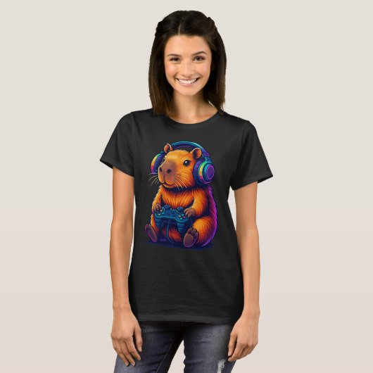 Cute Gamer Capybara — with Headset & Controller T-Shirt (Vorne ganz)