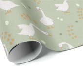 Cute Geese and Footprint Pattern on Sage Green Geschenkpapier (Rolleneckpunkt)