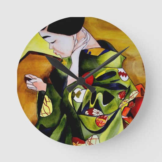 Cute Geisha with green kimono original art Runde Wanduhr (Vorderseite)
