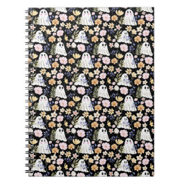 Cute Ghost And Colorful Flowers Seamless Pattern Notizblock