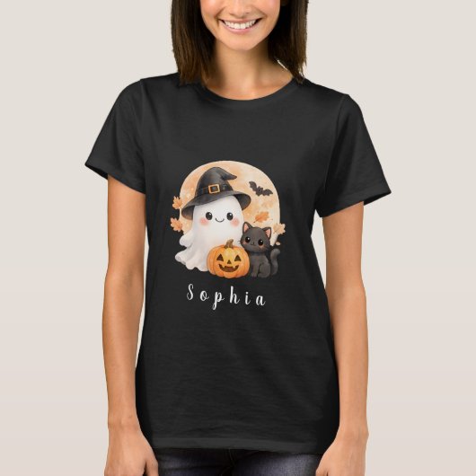 Cute Ghost & Black Cat Halloween Women's T-Shirt (Vorderseite)