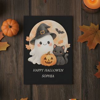 Cute Ghost & Black Cat Happy Halloween Card Einladung