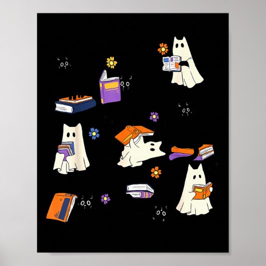 Cute Ghost Cat Reading Books Lover Bookish Hallowe Poster (Vorne)