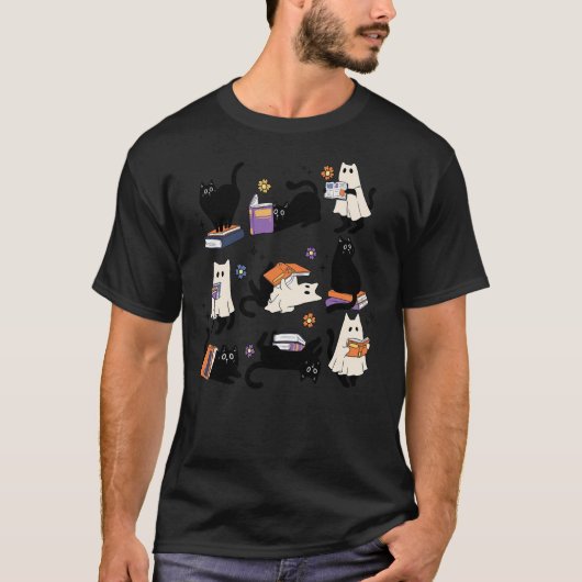 Cute Ghost Cat Reading Books Lover Bookish Hallowe T-Shirt (Vorderseite)