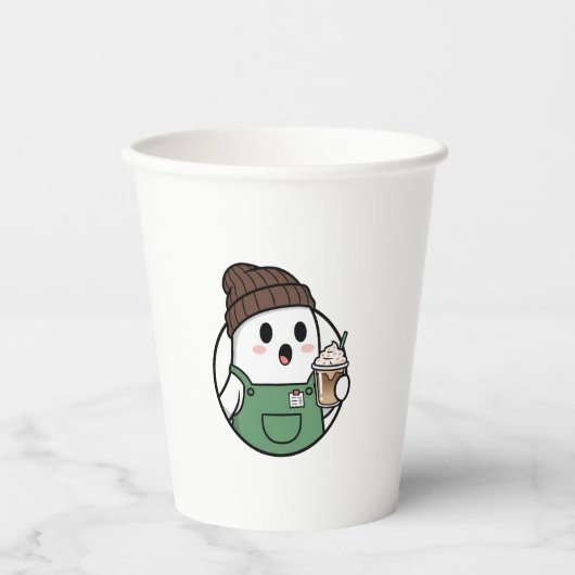 Cute Ghost Coffee Paper Cup – Funny Cartoon Dispos Pappbecher (Vorderseite)