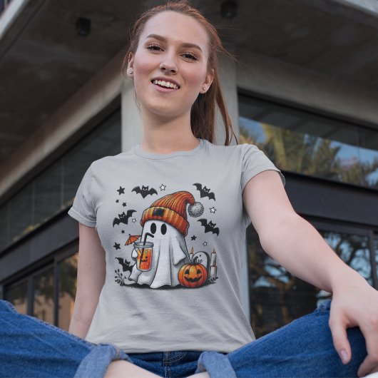 Cute Ghost Coffee Pumpkin Halloween T-Shirt