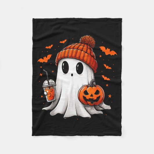 Cute Ghost Drinking Ice Coffee Halloween Pumpkin M Fleecedecke (Vorderseite)