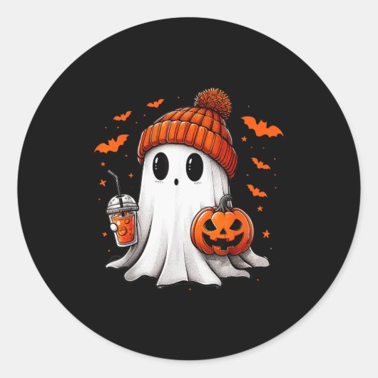 Cute Ghost Drinking Ice Coffee Halloween Pumpkin M Runder Aufkleber (Vorderseite)