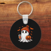 Cute Ghost Drinking Ice Coffee Halloween Pumpkin M Schlüsselanhänger (Vorderseite)