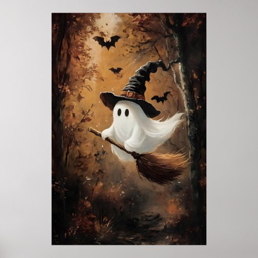Cute Ghost Flying On A Witch Broom In Autumn Poster (Vorne)
