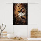 Cute Ghost Flying On A Witch Broom In Autumn Poster (Küche)