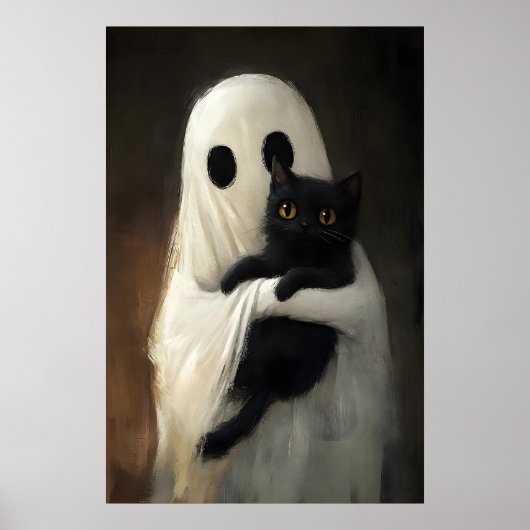 Cute Ghost Hugs Black Cat Print, Digital Halloween Poster (Vorne)