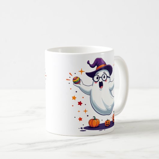 Cute Ghost Mug with Pumpkins and Witch Hat Kaffeetasse (VorderseiteRechts)