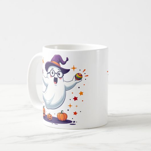 Cute Ghost Mug with Pumpkins and Witch Hat Kaffeetasse (Vorderseite Links)
