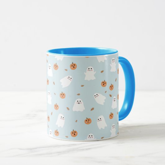Cute Ghost & Pumpkin Blue Halloween Pattern Tasse (VorderseiteRechts)