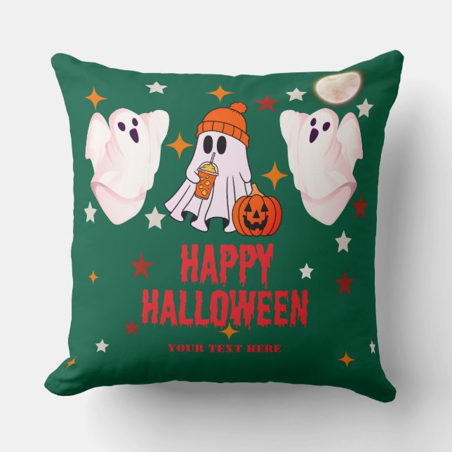 Cute Ghost & Pumpkin Custom Text Happy Halloween Kissen (Vorderseite)