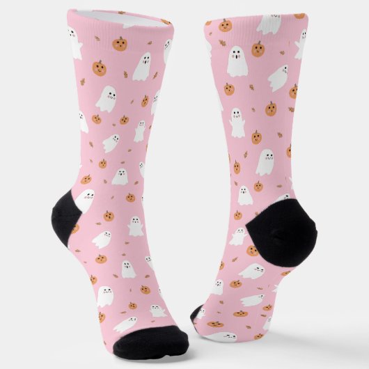 Cute Ghost & Pumpkin Pink Halloween Pattern Socken (Gewinkelt)