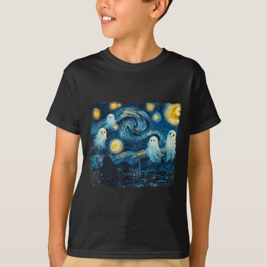 Cute Ghost Starry Night Halloween Soky Retro Van G T-Shirt (Vorderseite)