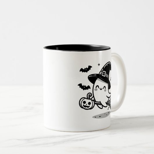 Cute Ghost Witch with Pumpkin & Broom | Two-Sided  Zweifarbige Tasse (VorderseiteRechts)