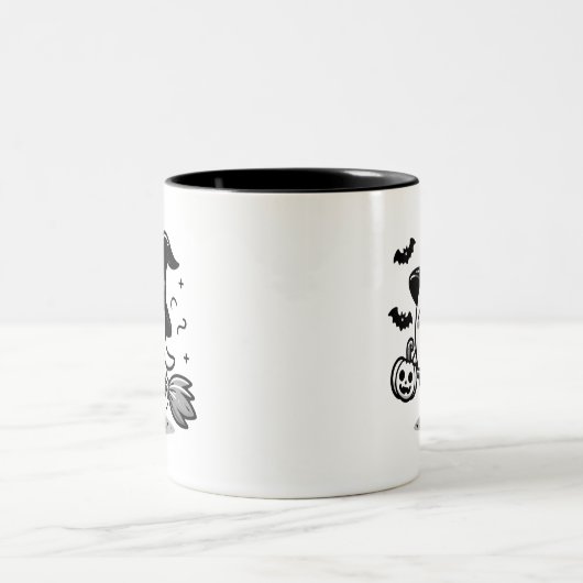 Cute Ghost Witch with Pumpkin & Broom | Two-Sided Zweifarbige Tasse (Mittel)