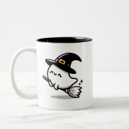 Cute Ghost Witch with Pumpkin & Broom | Two-Sided  Zweifarbige Tasse