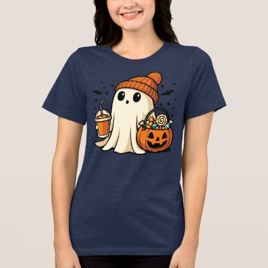 Cute Ghost with Candy & Pumpkin Drink Tri-Blend Shirt (Vorderseite)