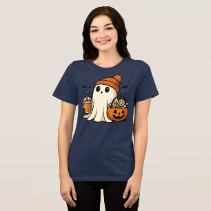 Cute Ghost with Candy & Pumpkin Drink Tri-Blend Shirt