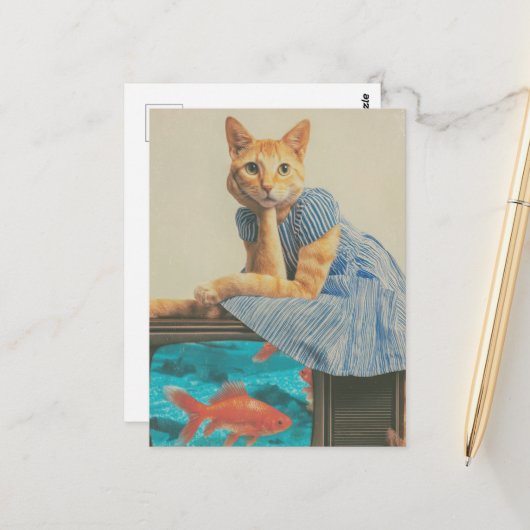 Cute Ginger Cat With Goldfish Retro Collage Postkarte (Vorderseite/Rückseite Beispiel)