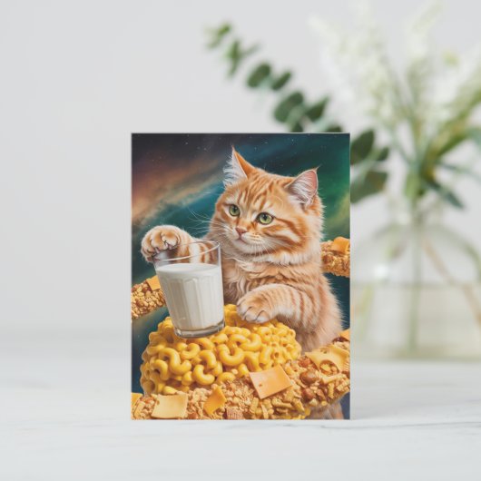 Cute Ginger Cat With Milk in Space Postkarte (Stehend Vorderseite)