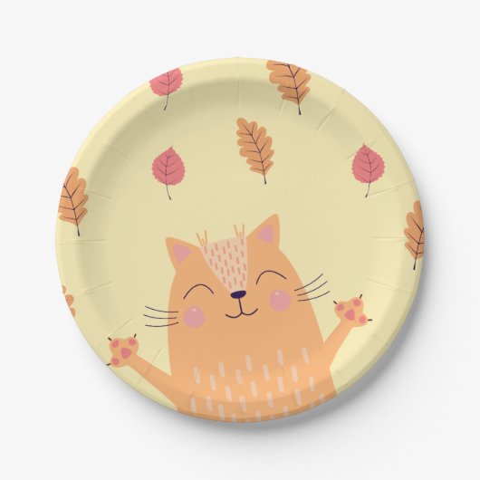 Cute Ginger Orange Cat Playing in Autumn Leaves Pappteller (Vorderseite)